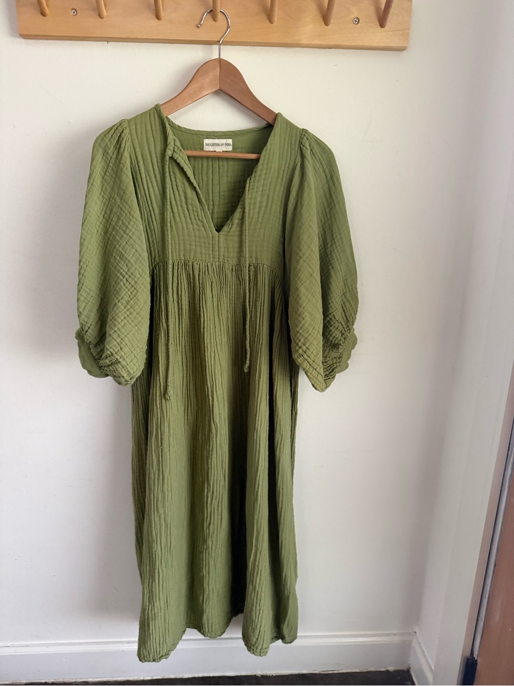 Daughter’s of India grass Green Midi Dress with Puff Sleeves, cotton gauze